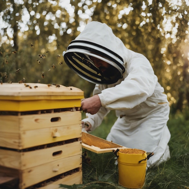 Foto elixir de oro el frasco de miel de los apicultores