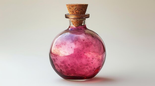 Elixir rosa en un frasco de vidrio redondo con tapón de corcho IA generativa