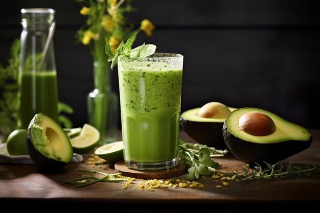 Elixir verde en primer plano Extravagancia de jugo de aguacate vibrante