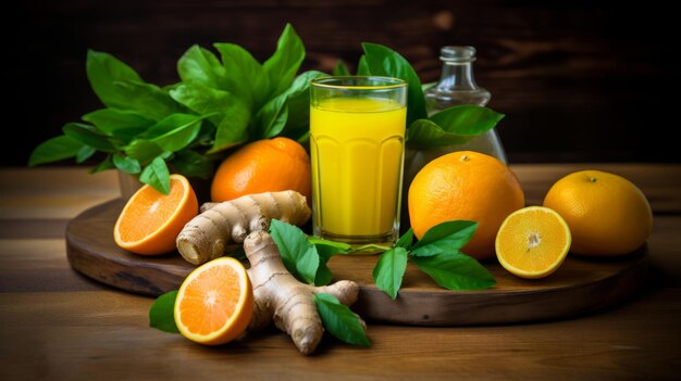 Foto elixires vibrantes para mejorar la inmunidad que capturan la esencia de la naranja fresca, la cúrcuma, el limón y el jengibre