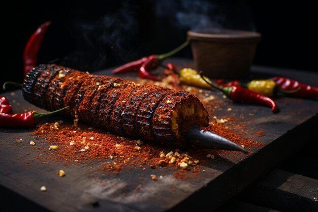 Foto elote a la parrilla con un roce de café fotografía de maíz de calle mexicano picante