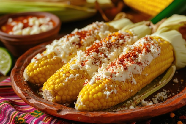 Foto elotes gegrillter mexikanischer straßenkorn auf der kolbe mit cotija-käse-chili-pulver-mayonnaise