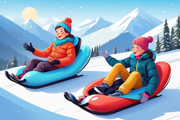 Eltern beobachten glückliche Kinder, die auf Schneeschläuchen fahren Kinder schlitten im Skigebiet flache Vektorillustration