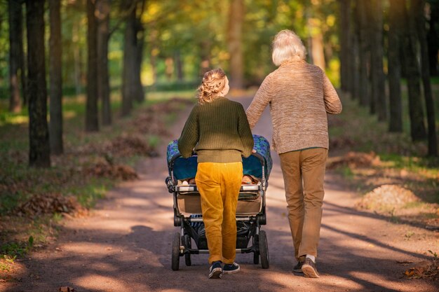 Eltern mit einem Kinderwagen für Zwillinge im Park