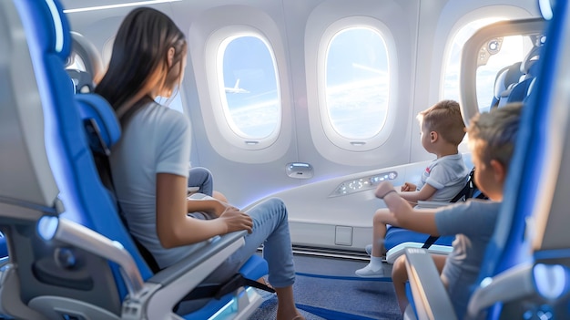 Foto eltern sorgen für die sicherheit ihrer kinder im flugzeug