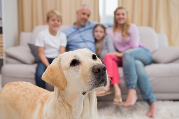 Eltern und ihre Kinder auf Sofa mit Labrador