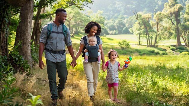 Eltern und ihre Kinder gehen im Wald spazieren