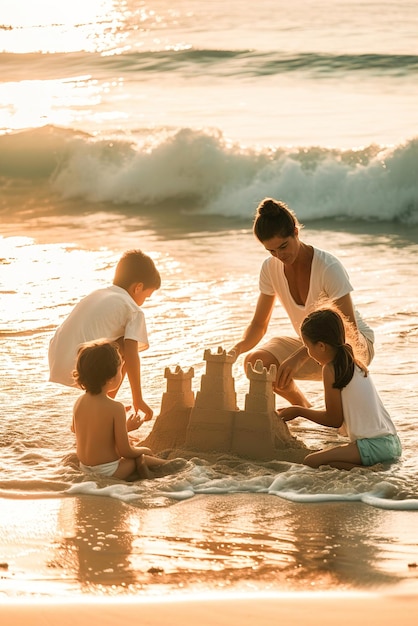 Eltern und Kinder bauen auf einem ruhigen Strand komplizierte Sandburgen, die von den sanften Wellen eingerahmt sind