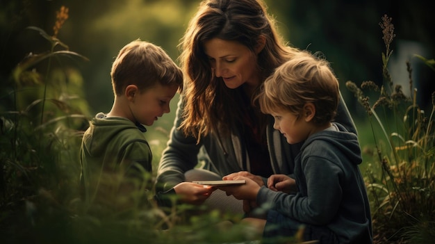 Eltern und Kinder genießen einen Moment im Freien