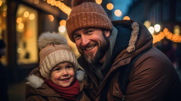 Eltern und Kinder haben an einem Winterabend eine schöne Zeit auf einem traditionellen Weihnachtsmarkt. Eltern und Kinder schmücken die Lichter