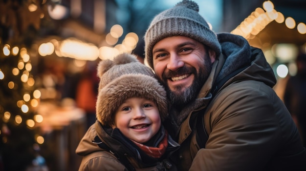 Eltern und Kinder haben an einem Winterabend eine schöne Zeit auf einem traditionellen Weihnachtsmarkt. Eltern und Kinder schmücken die Lichter