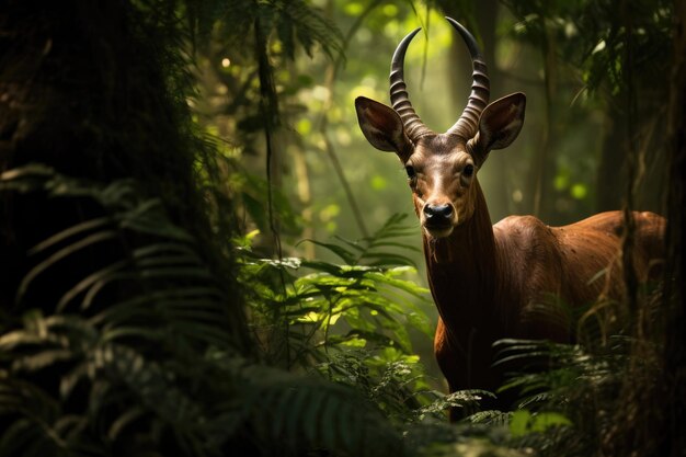 Foto elusive saola, também conhecido como o unicórnio asiático, navegando graciosamente por uma floresta exuberante e intocada.