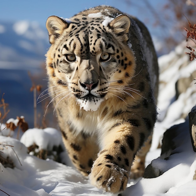 Foto elusive snow leopard em terreno montanhoso