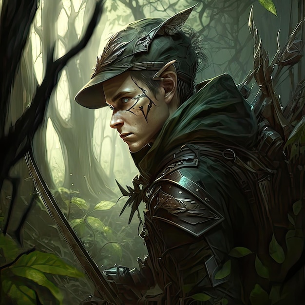 Elven arqueiro em emboscada Rogue floresta profunda fantasia arco aljava disfarce pessoa inexistente arte de alta resolução generativa inteligência artificial