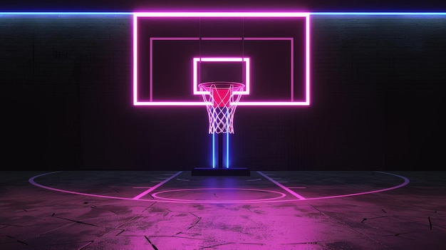 Em 3D, uma cesta de basquete é mostrada com linhas de néon brilhantes, um playground virtual e um esquema de campo esportivo são mostrados isolados em um fundo preto, a renderização tem uma cor rosa, violeta e azul.
