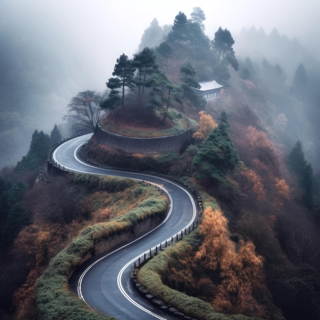 Em ambientes montanhosos com montanhas Você pode ver uma estrada remota do carro dirigindo