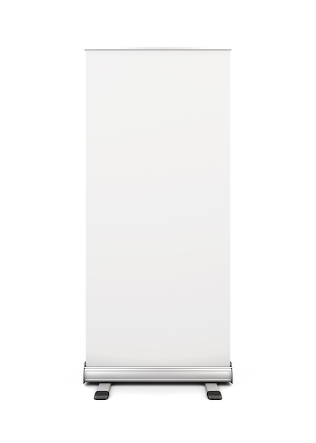 Em branco, role a exibição de banner isolada no branco. Vista frontal de um estande de publicidade. Ilustração 3D.