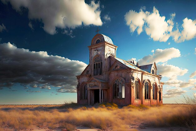 Em cacos de janelas de uma bela igreja abandonada de pedra, refletem-se nuvens e campos vazios