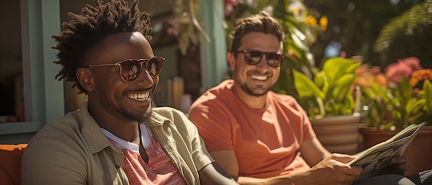 Em cadeiras de decoração, um casal gay feliz de ascendência étnica lê literatura.