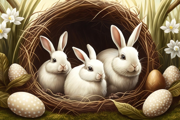 Em casa, no domingo de Páscoa, um ninho com três ovos de Páscoa brancos