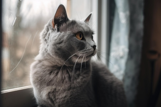 Em casa, um gatinho cinza senta-se no parapeito da janela