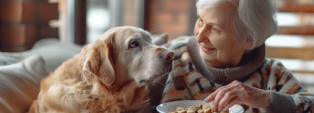 Em casa, uma mulher idosa acaricia um cão e segura um prato de comida.