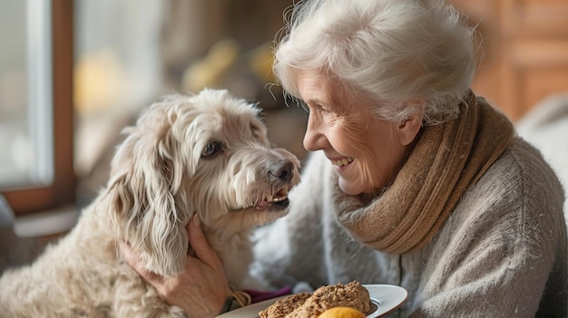 Em casa, uma mulher idosa acaricia um cão e segura um prato de comida.