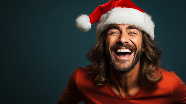 Em chapéu de Papai Noel Homem bonito está no estúdio contra fundo de cor