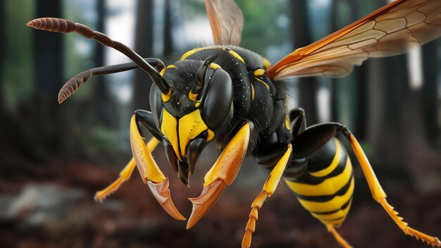 Em close-up, a vespa velutina, uma vespa asiática de patas amarelas