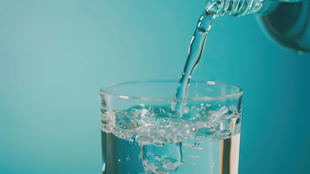 Em close-up, derramando água de uma garrafa em um copo sobre um fundo azul