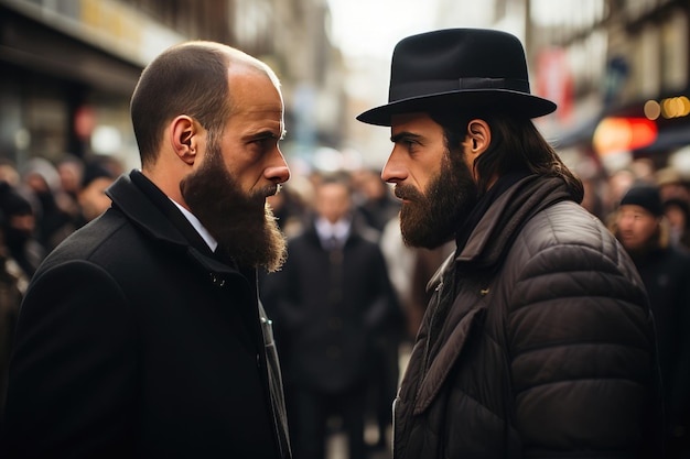 Em close-up, dois homens judeus enfrentam-se no meio da rua a discutir.