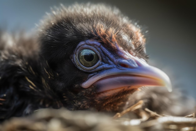 Em close-up, olhos de pássaros recém-nascidos olhando para o mundo criado com IA generativa