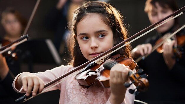 Foto em close-up, uma menina tocando violino e orquestra instrumental com tom escuro e efeito de iluminação