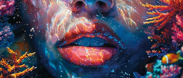 Em close-up, uma sereia sorri enigmaticamente. Os lábios dela têm a cor dos recifes de coral.