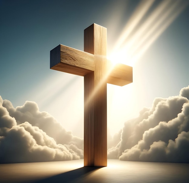 Em Deus confiamos fundo com uma cruz de madeira contra um fundo de um céu com nuvens