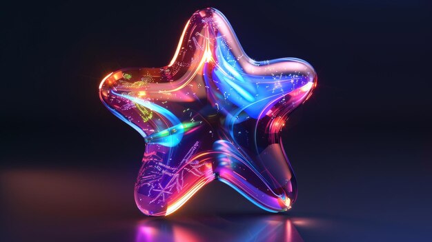 Foto em estilo holográfico 3d, uma estrela caída ou deslizante em estilo futurista é isolada em um fundo escuro render 3d cyber chrome galaxy shooting star emoji com blings e faíscas