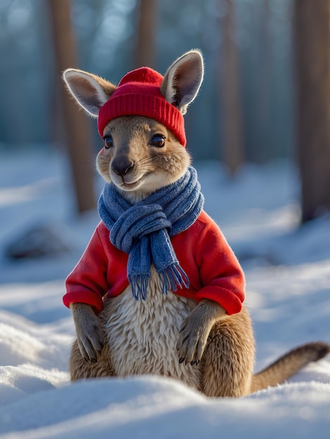 Foto em férias, canguru vestindo vestido de inverno.