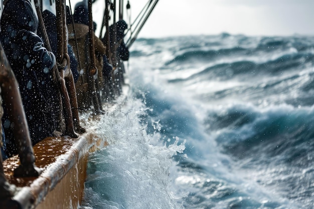 Foto em frente a mares tempestuosos, imigrantes em um antigo navio navegam em uma perigosa viagem