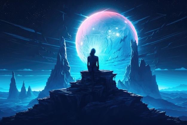Em frente a uma enorme lua de neon, uma garota medita empoleirada em uma rocha