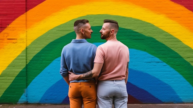 Em frente a uma parede com as cores do arco-íris, um casal gay está de pé usando Generative AI