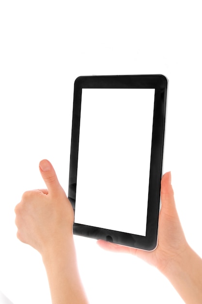 Em mãos humanas, dispositivo de tela de toque de computador tablet com