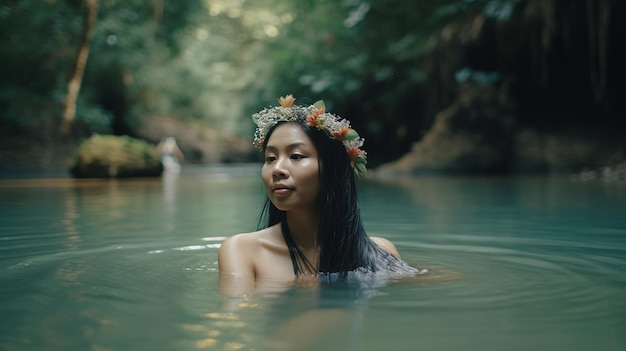 Em meio à beleza serena da natureza, uma menina na Tailândia rural veste um sarong colorido enquanto toma uma re