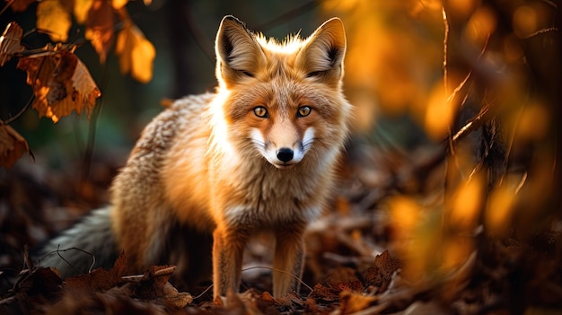 Em meio a bosques dourados, uma raposa de olhos de esmeralda evoca uma essência de fada da natureza