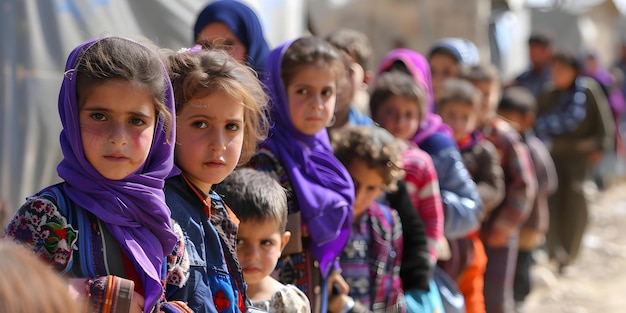 Foto em meio à crise económica, longa fila de refugiados, incluindo crianças e pessoal conceito crise económica crise de refugiados crianças necessitadas de ajuda humanitária