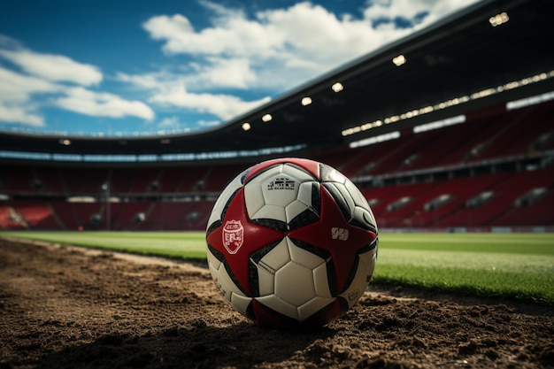 Em meio à grandiosidade do estádio, a bola de futebol se alinha com a marcação de cobrança de falta pronta para ação