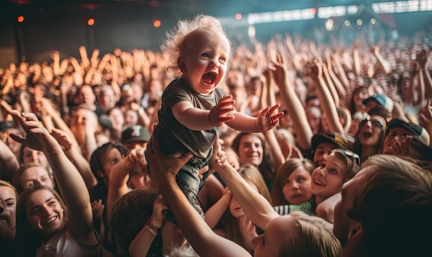 Em meio à música pulsante, um bebé destemido fez surf na multidão no animado concerto designe.