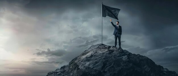 Em meio a nuvens de tempestade, uma pessoa levanta uma bandeira em um pico, uma imagem de resiliência e ambição contra os elementos.