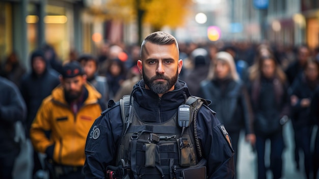 Foto em meio a um comício um policial resoluto está em frente à multidão seu comportamento sério