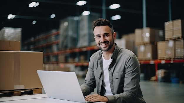 Em meio a um fundo de armazém um homem está com uma expressão alegre cercado por caixas dispostas