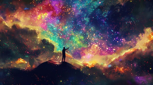 Foto em meio a um mar de estrelas solitárias, uma figura solitária está em um pódio cósmico, seu rosto adornado com ousadia.